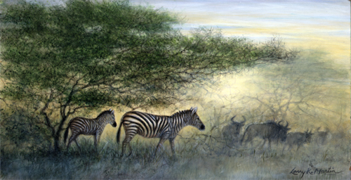 "Zebras at Dawn" by American wildlife artist Larry K. Martin